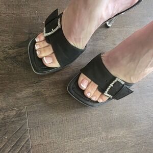 Vintage Fashion Bug‎ Rhinestone Buckle Clear Heel Mules Slides Sandals